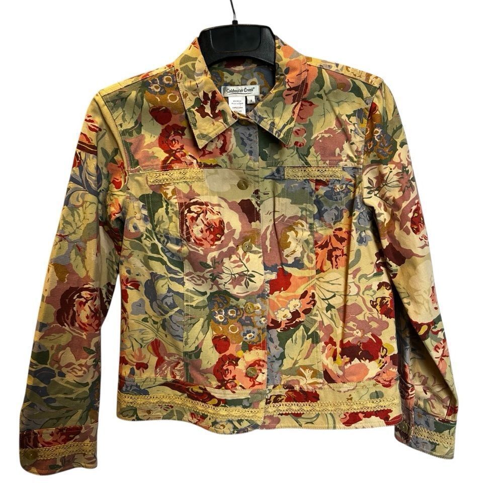 Coldwater Creek Women's Short Floral Denim Jacket Tan/Blue Multi Size Small